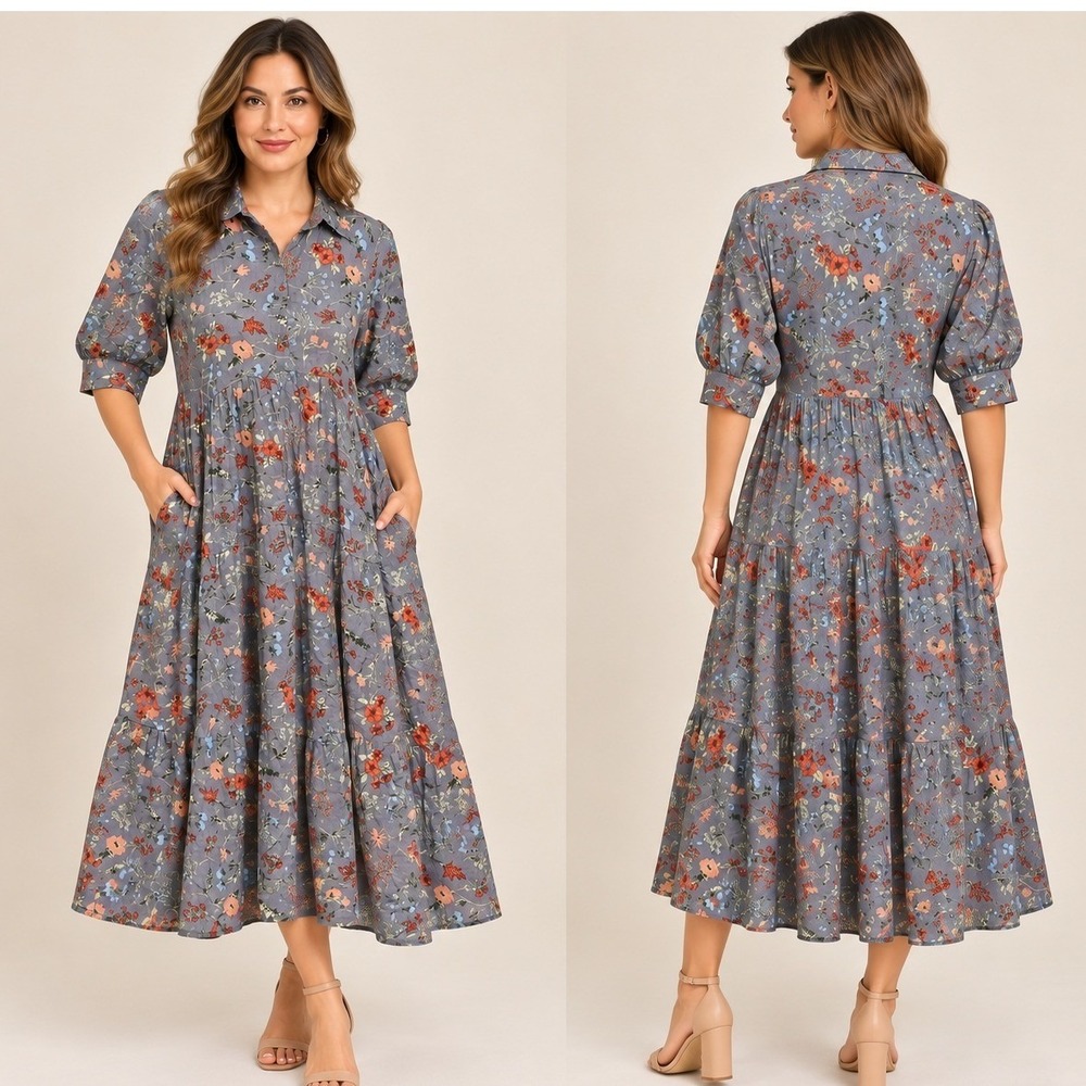 Natural Life Floral Tiered Midi Shirt Dress Blue Grey XS LHDRS1683 Boho Pocket